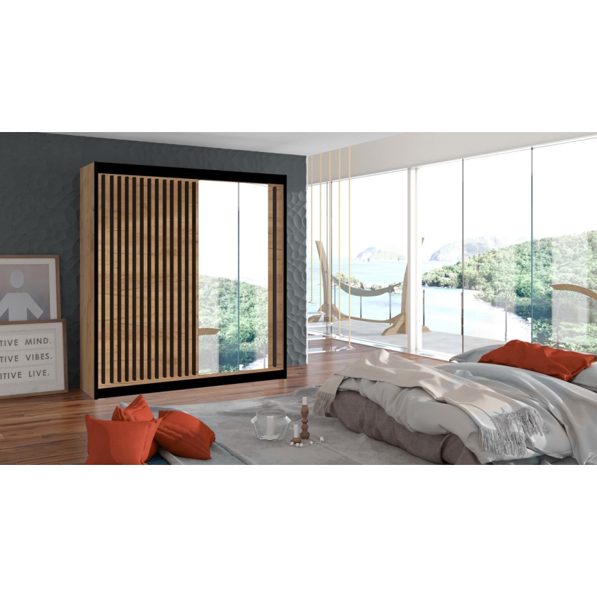 Armadio con specchio SANTINO 203x215 cm quercia craft/nero