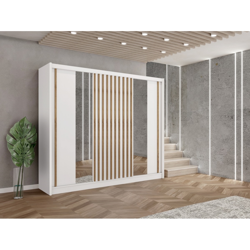 Armadio con specchio SANTINO 250x215 cm bianco/quercia craft