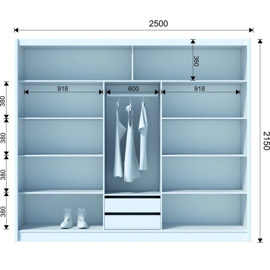 Armadio con specchio SANTINO 250x215 cm bianco/quercia craft