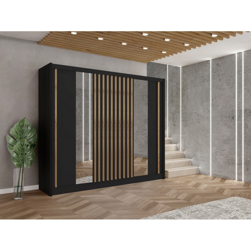 Armadio con specchio SANTINO 250x215 cm nero/quercia craft