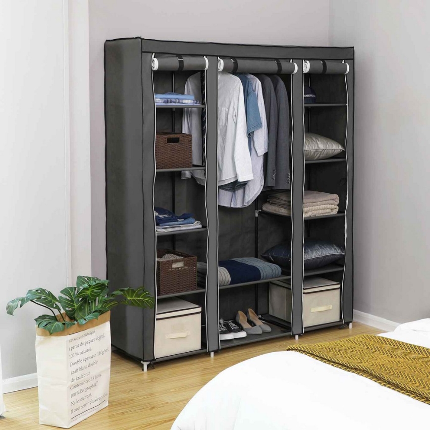 Armadio in tessuto con ripiani e barra appendiabiti MATIS 150x175 cm grigio