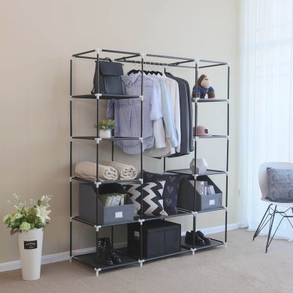 Armadio in tessuto con ripiani e barra appendiabiti MATIS 150x175 cm nero