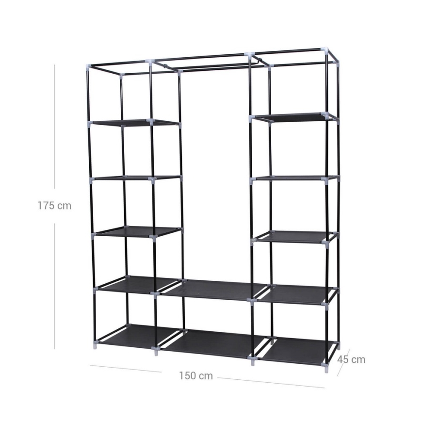 Armadio in tessuto con ripiani e barra appendiabiti MATIS 150x175 cm nero