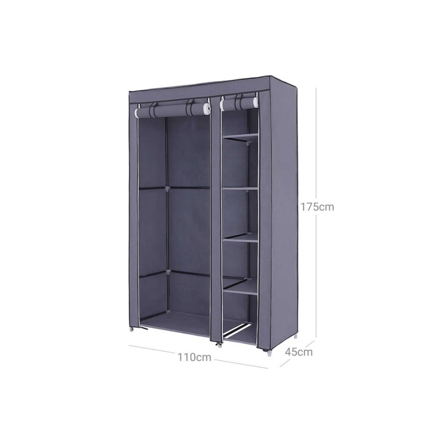 Armadio salvaspazio in tessuto MATIS 110x175 cm con ripiani e asta appendiabiti, grigio