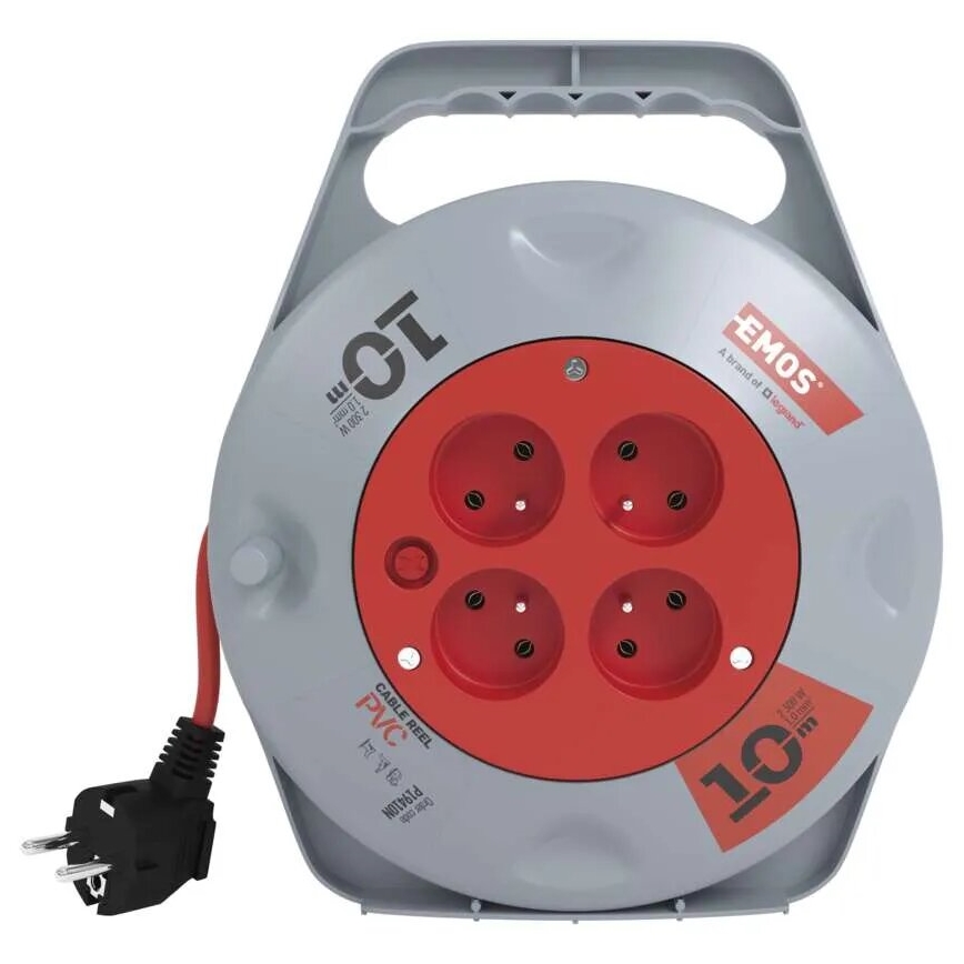 Avvolgicavo con 4 prese, 10 m, grigio/rosso