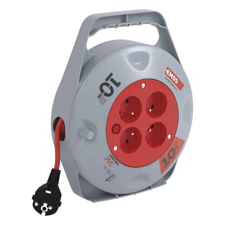 Avvolgicavo con 4 prese, 10 m, grigio/rosso