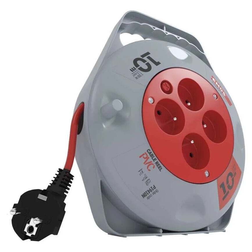 Avvolgicavo con 4 prese, 10 m, grigio/rosso