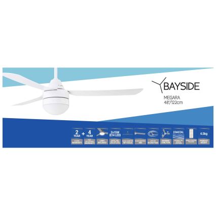 BAYSIDE 531016 - Ventilatore da soffitto MEGARA 2xE14/15W/230V bianco + telecomando