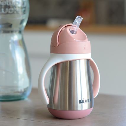 Beaba - Bicchiere termoisolante con cannuccia 250 ml, rosa