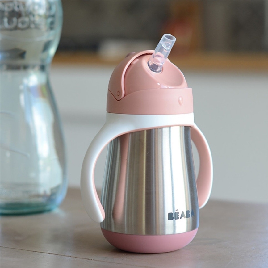 Beaba - Bicchiere termoisolante con cannuccia 250 ml, rosa