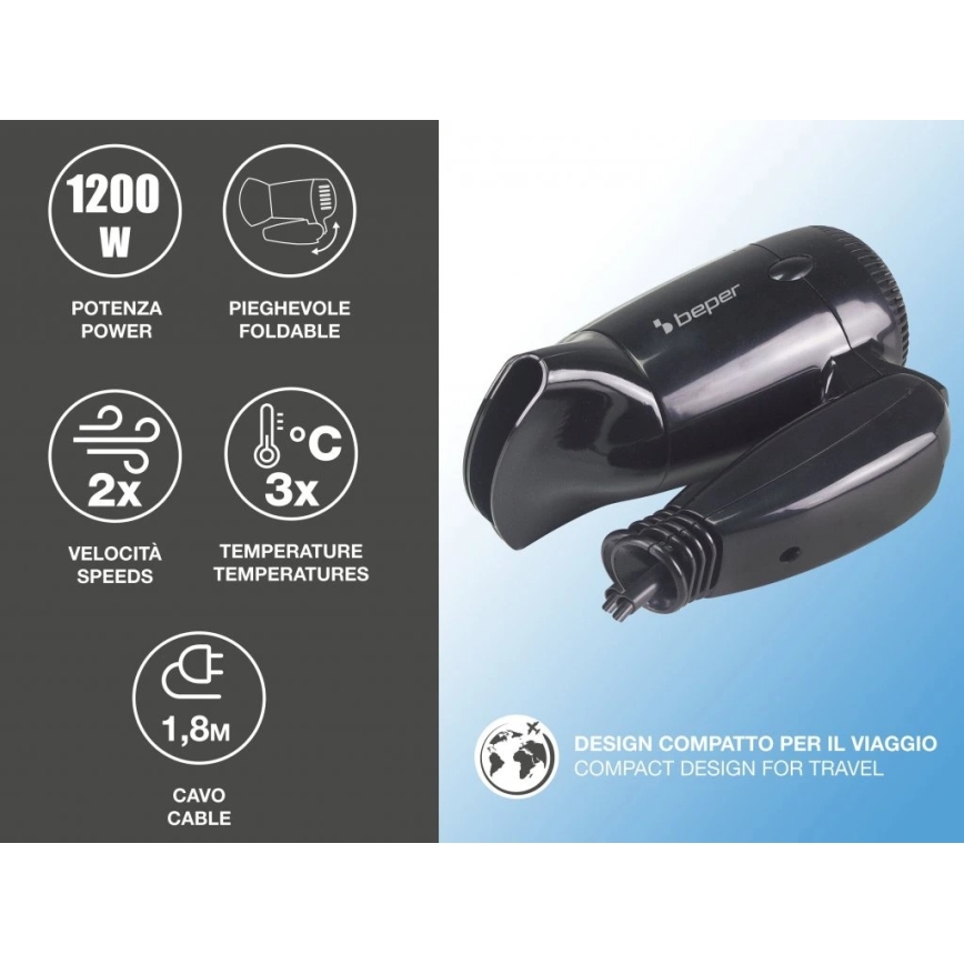 Beper - Asciugacapelli da viaggio 1200W/230V