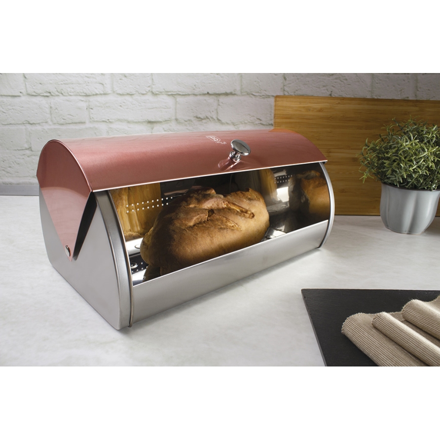 Portapane In Metallo Rosa Con Grande Capacità - Scatola Per Pane Inodore, Base Antiscivolo, Coperchio Ermetico, Accessorio Da Cucina Elegante - 3