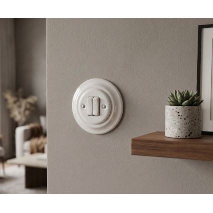 Bohemia-Design - Interruttore doppio in porcellana in stile retrò con cornice n. 5, bianco