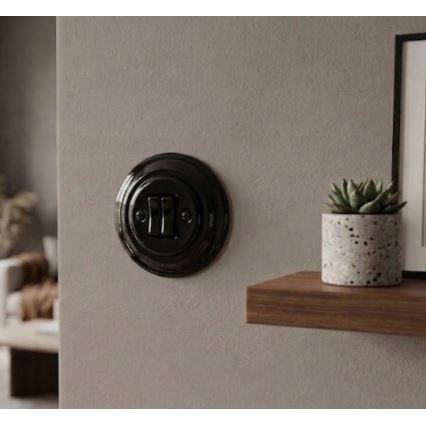 Bohemia-Design - Interruttore doppio in porcellana stile retrò con cornice n. 6+6, nero