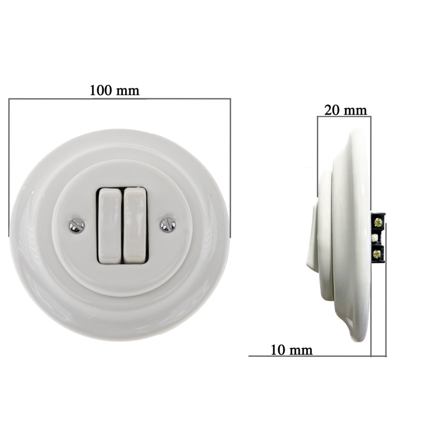 Bohemia-Design - Interruttore doppio retrò in porcellana con cornice n. 6+6 bianco