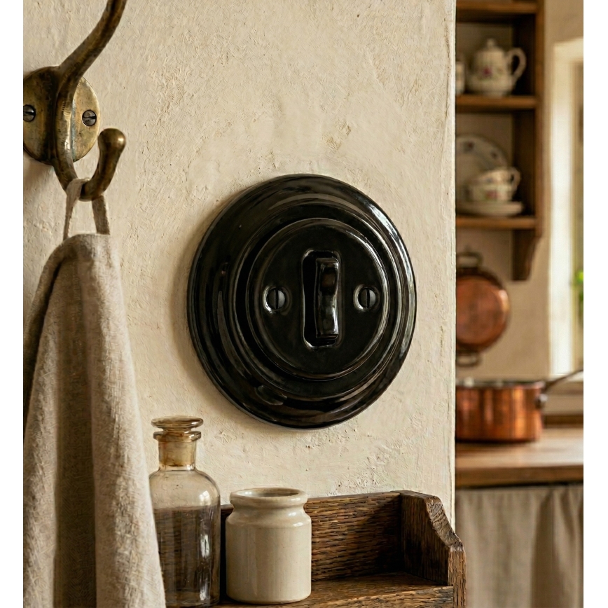 Bohemia-Design - Interruttore retrò in porcellana a una via con cornice n. 1, nero