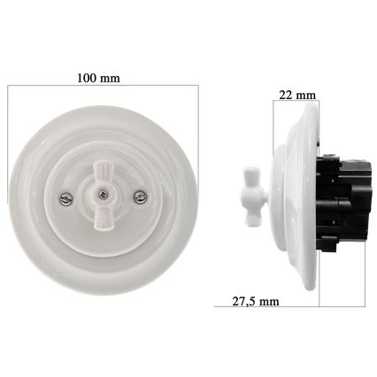 Bohemia-Design - Interruttore rotativo in porcellana, stile retrò, con cornice n. 5, bianco