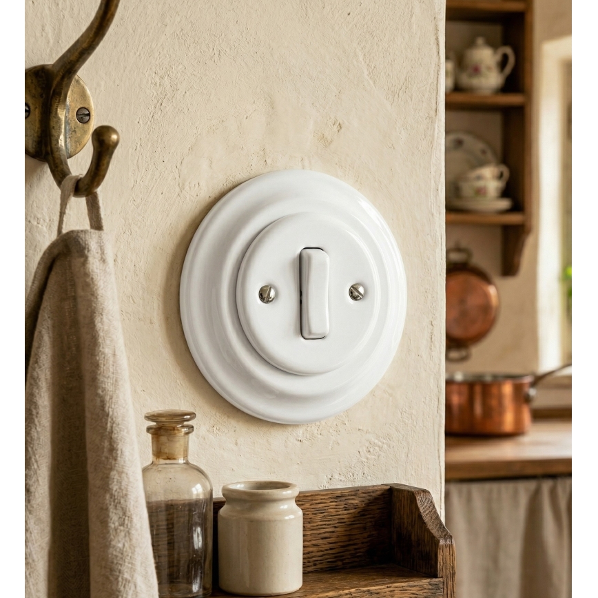 Bohemia-Design - Interruttore singolo retrò in porcellana con cornice n. 1 bianco