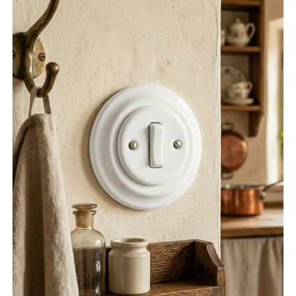 Bohemia-Design - Interruttore singolo retrò in porcellana con cornice per campanello, bianco