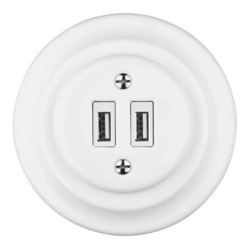 Bohemia-Design - Presa a parete in porcellana stile retrò con cornice, 2 porte USB-A, bianca