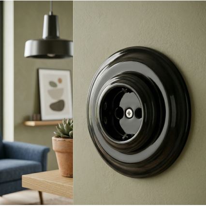 Bohemia-Design - Presa murale in porcellana in stile retrò con cornice SCHUKO 250V/16A nera