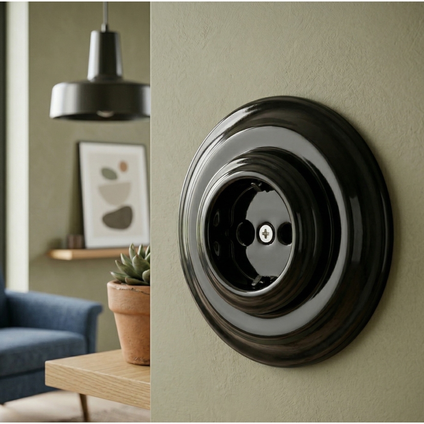 Bohemia-Design - Presa murale in porcellana in stile retrò con cornice SCHUKO 250V/16A nera