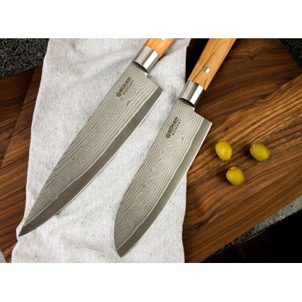 Böker - Coltello da cucina santoku damascato DAMAST OLIVE 17,2 cm in legno d'olivo