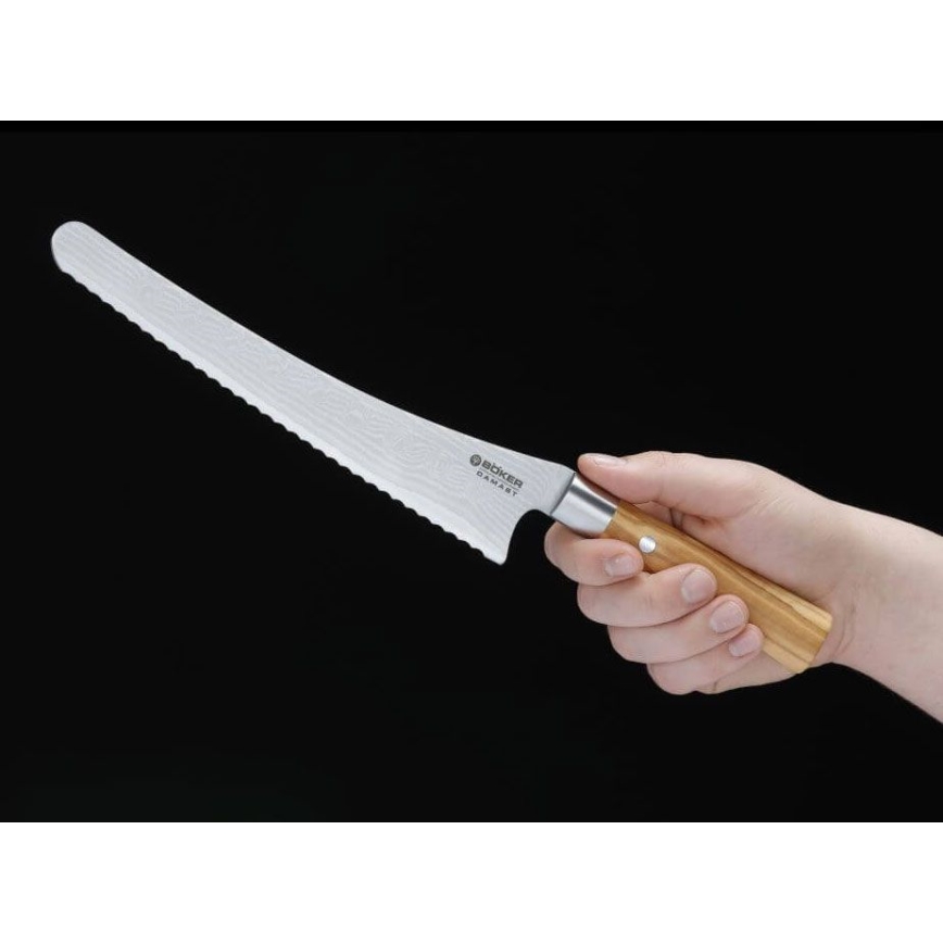 Böker - Coltello da pane in damasco DAMAST OLIVE 23,5 cm legno d'ulivo