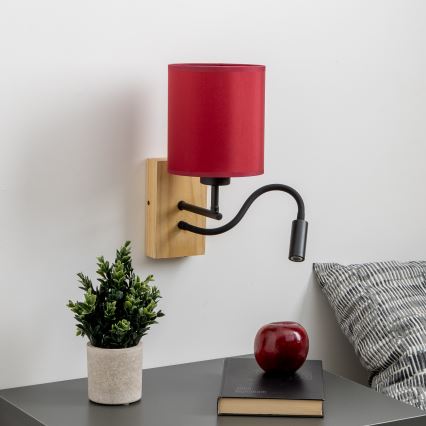 Brilagi - LED Lampada flessibile da muro NUBILA WOOD 1xE27/25W/230V + LED/3W quercia/Pompeiana rosso