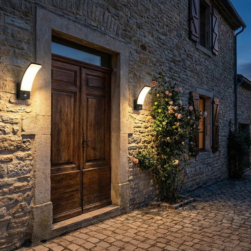 BRILAGI - Lampada da parete LED per esterni con sensore di movimento e sensore crepuscolare ARCELO LED/12W/230V IP65 nera
