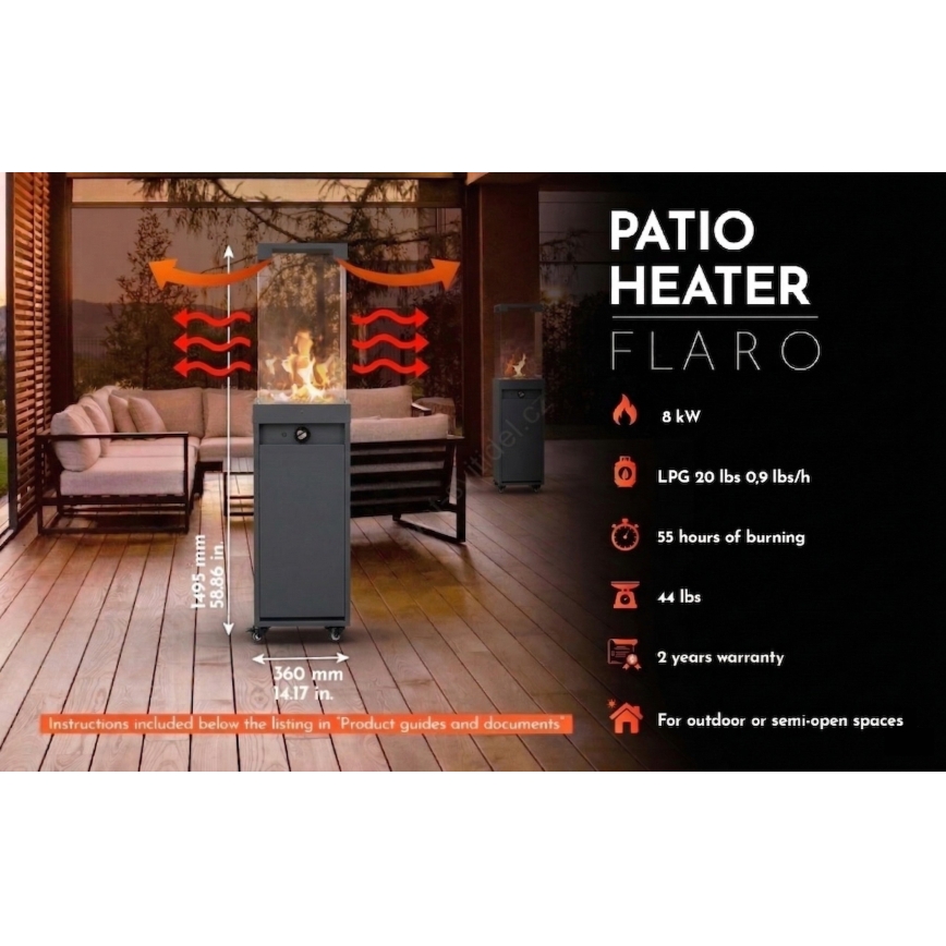 Brilagi - Camino a gas per esterni FLARO GAS 142x36 cm 8 kW 1xAAA antracite + copertura protettiva