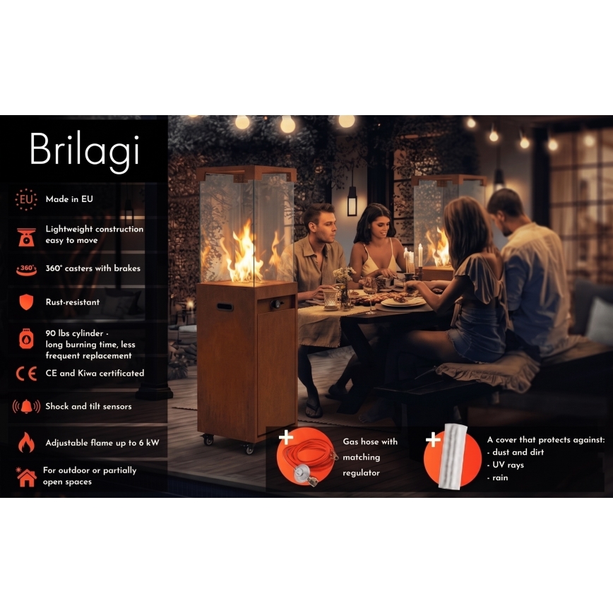 BRILAGI - Camino a gas da esterno FLARO GAS 142x36 cm 8kW 1xAAA ruggine/marrone + copertura protettiva