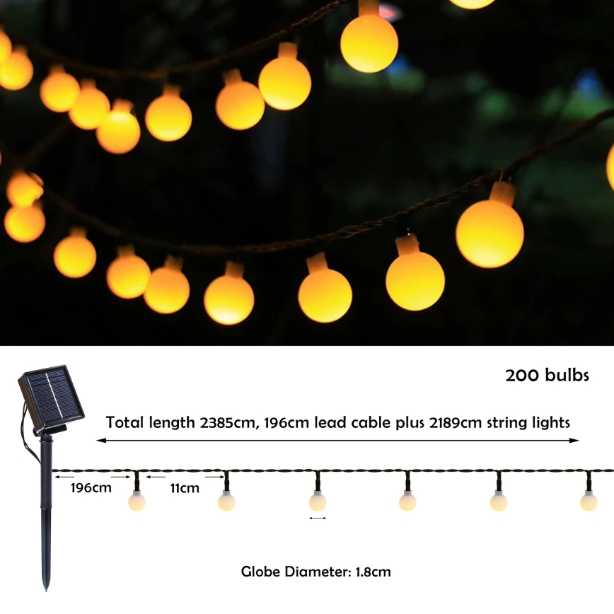 BRILAGI - Catena luminosa solare LED decorativa BUBBLE 200 LED / 8 funzioni, 20 m, IP65, bianco caldo, 800 mAh