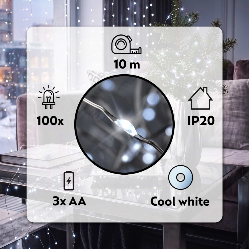 Brilagi - Catena luminosa LED per Natale 100xLED/3xAA 10m bianco freddo