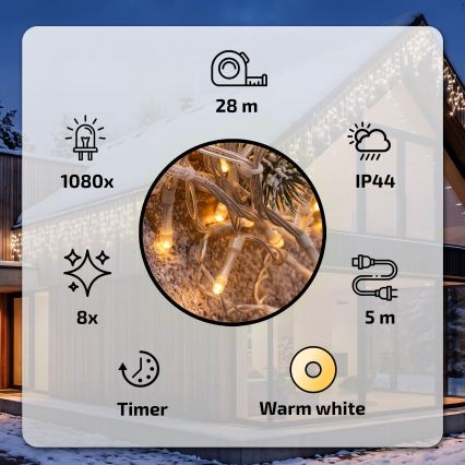 BRILAGI - Catena luminosa natalizia da esterno a LED 1080xLED/8 funzioni 33m IP44 bianco caldo a forma di ghiacciolo