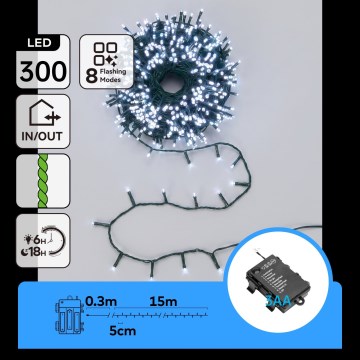 BRILAGI - Catena luminosa natalizia LED per esterni 300xLED/3xAA/8 funzioni 15,3m IP44 bianco freddo