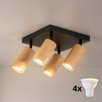 Brilagi - Faretto LED RGBW dimmerabile SELE SQUARE 4xGU10/6,5W/230V 2700-6500K nero/decor rovere
