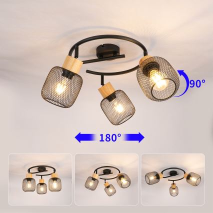 Brilagi - Faretto orientabile BASKLITE 3xE27/15W/230V, finitura legno di hevea/nero