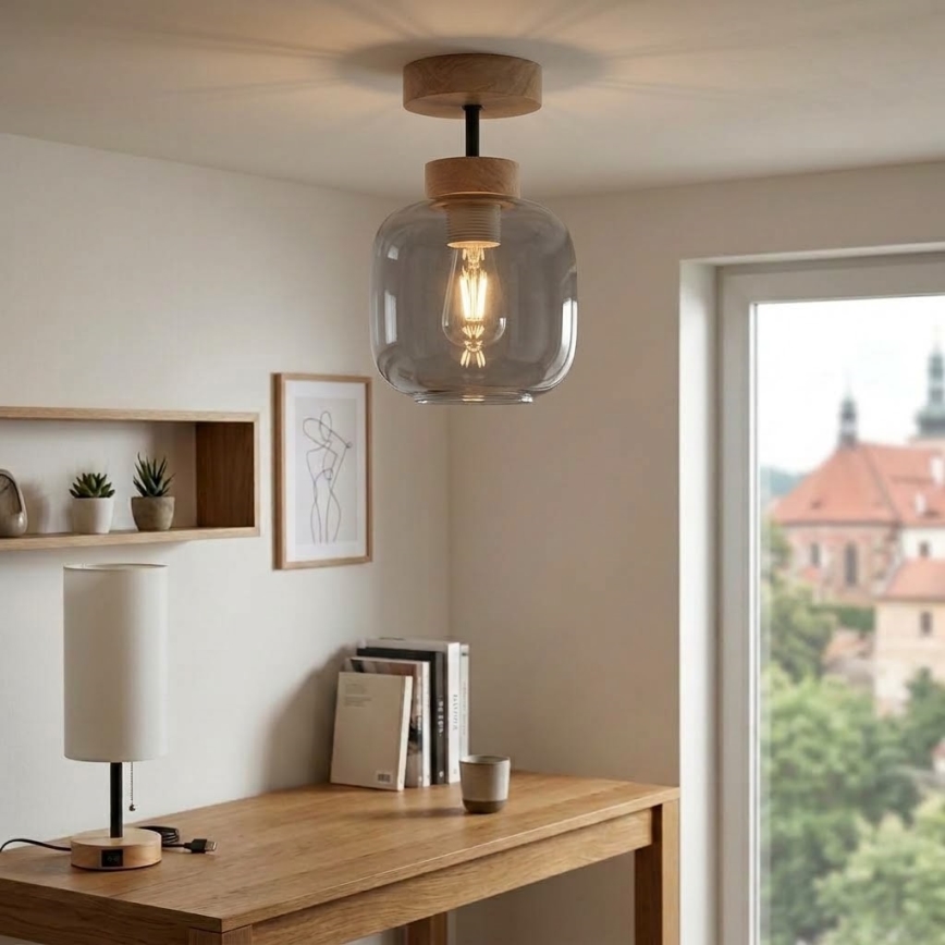 BRILAGI - LED plafoniera RETRO GLASS 1xE27/60W/230V Ø 14 cm rovere/grigio fumé