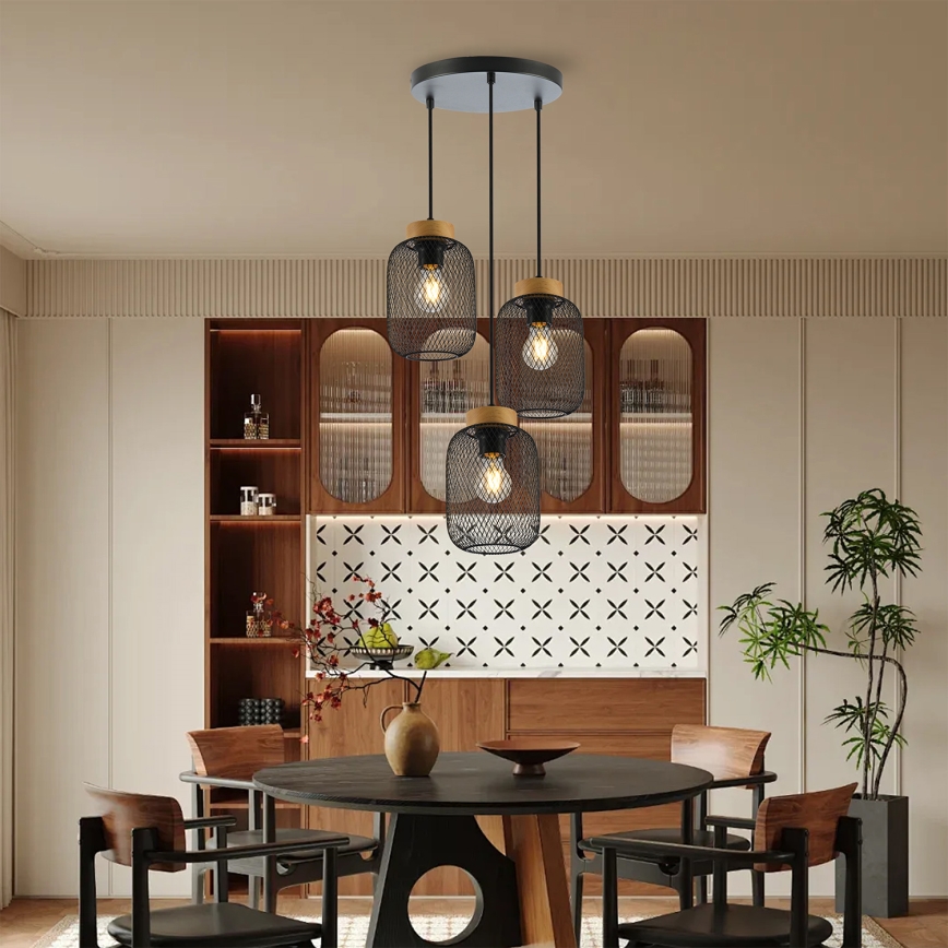 Brilagi - Lampada a sospensione con cavo BASKLITE 3xE27/15W/230V legno di caucciù/nero