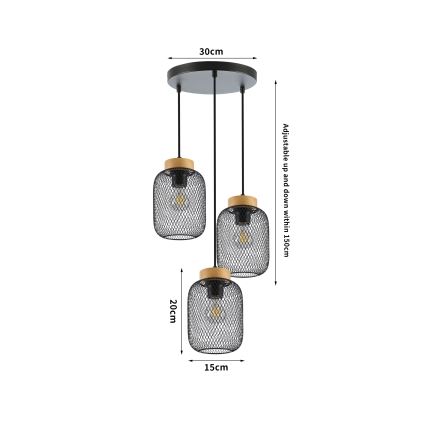Brilagi - Lampada a sospensione con cavo BASKLITE 3xE27/15W/230V legno di caucciù/nero