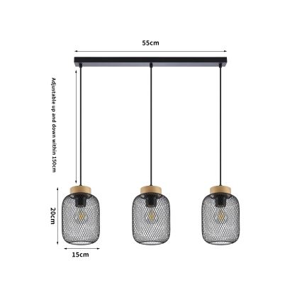 Brilagi - Lampada a sospensione con cavo BASKLITE 3xE27/15W/230V legno di Hevea/nero