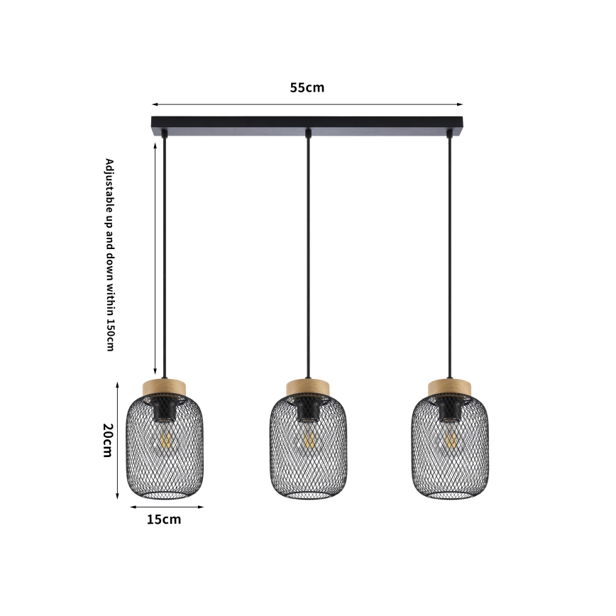 Brilagi - Lampada a sospensione con cavo BASKLITE 3xE27/15W/230V legno di Hevea/nero