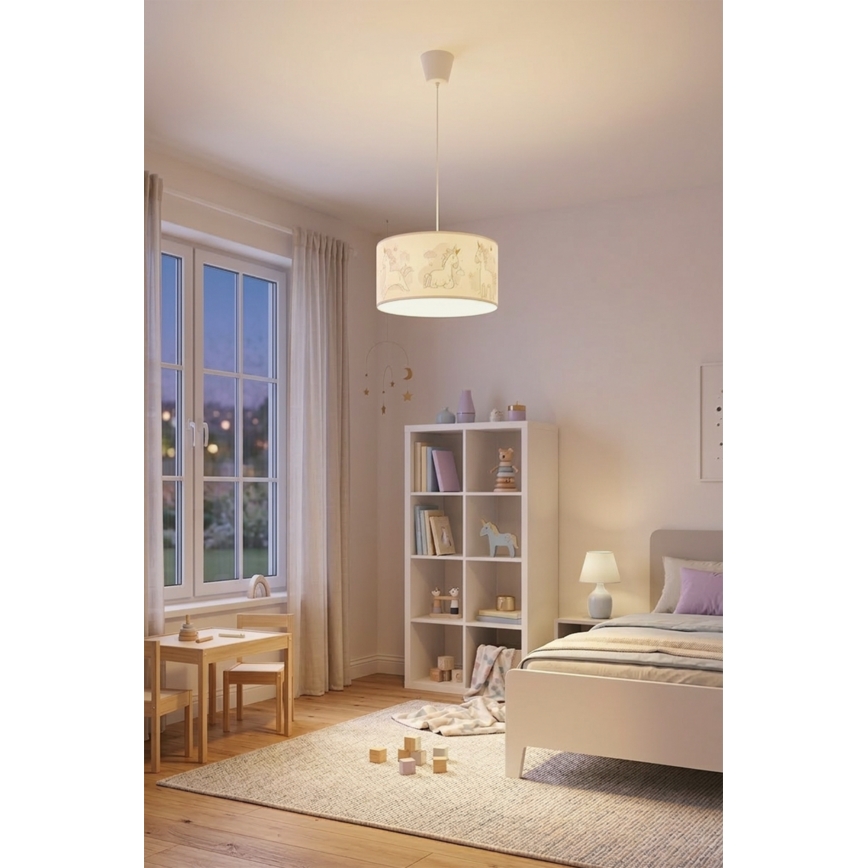 Brilagi - Lampadario LED per bambini a sospensione su cavo BOBO 1xE27/60W/230V Ø 35 cm bianco/unicorni