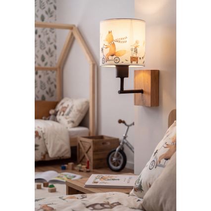 Brilagi - Lampada da parete per bambini BOBO WOOD 1xE27/25W/230V rovere/nera/bianca/animaletti