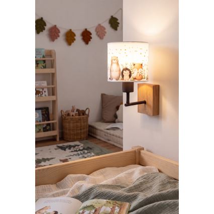 Brilagi - Lampada da parete per bambini BOBO WOOD 1xE27/25W/230V rovere/nero/bianco/animaletti