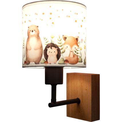 Brilagi - Lampada da parete per bambini BOBO WOOD 1xE27/25W/230V rovere/nero/bianco/animaletti