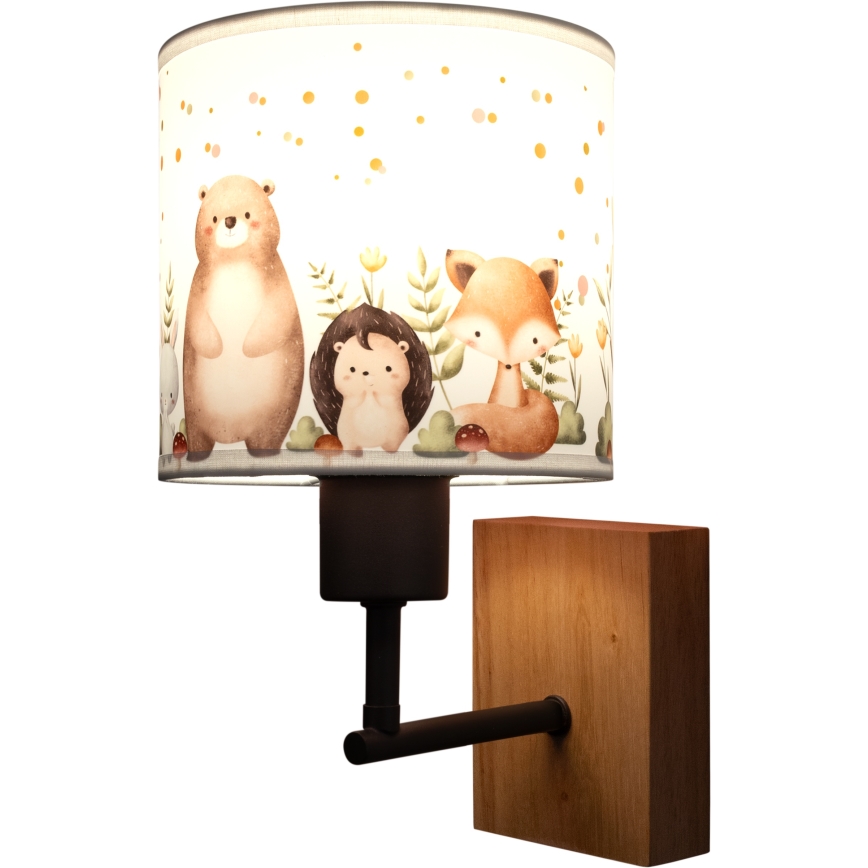 Brilagi - Lampada da parete per bambini BOBO WOOD 1xE27/25W/230V rovere/nero/bianco/animaletti