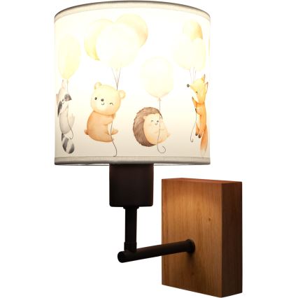 Brilagi - Lampada da parete per bambini BOBO WOOD 1xE27/25W/230V rovere/nero/bianco con animaletti