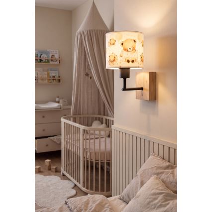 Brilagi - Lampada da parete per bambini BOBO WOOD 1xE27/25W/230V rovere/nero/bianco/orsetti